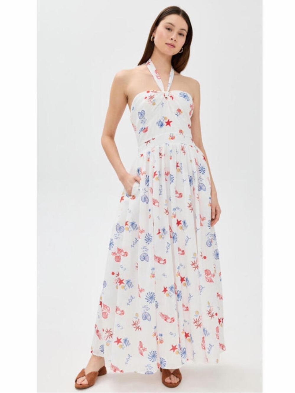 Line & Dot White Halter Maxi Dress with Red & Blue Seashell Print